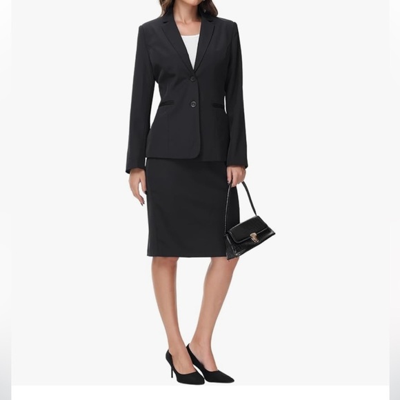 Kasper Petite Black 2pc Career Skirt Suit Skirt & Blazer Jacket Stretch Crepe 8P - Picture 8 of 16